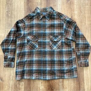 Vintage 60s 70s Pendleton Board Shirt Brown Plaid Wool Loop Collar Flap Pockets